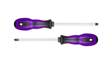 İki tornavida, düz ve Phillips, inşaat işi için tasarlandı. Dayanıklı kulpları sert ortamlarda verimliliği sağlar. İzole edilmiş beyaz arka planda mor renk.