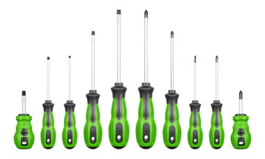 İzole edilmiş beyaz arka planda Philips ve düz başlı tornavidalar yeşil renk