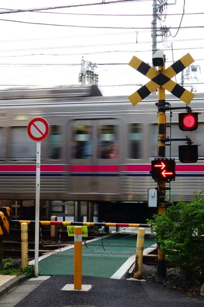 Passagem Ferroviária Com Luz Vermelha Som Aviso — Fotografia de Stock