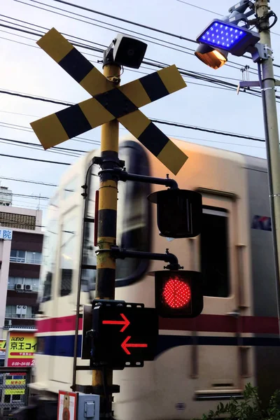 Cruce Del Ferrocarril Con Luz Roja Sonido Advertencia —  Fotos de Stock