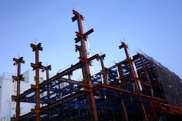 Stato Montaggio Del Telaio Acciaio Costruzione Edificio Sporgente Verso Cielo — Foto Stock