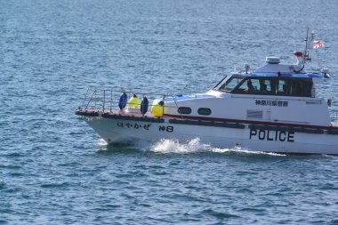 Zushi-Hayama, Kanagawa Prefecture, Japan, August 8, 2020: Offshore Hayama on a midsummer day with boats, yachts, and fishing boats sailing lightly and quickly.