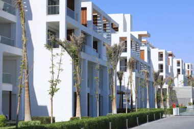 modern resort villas with palm trees and greenery