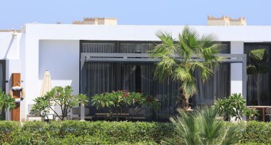 modern resort villas with palm trees and greenery