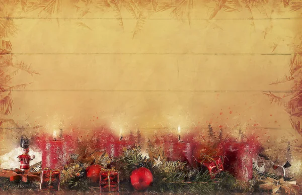 Fondo Navidad Con Decoraciones Velas Encendidas — Foto de Stock