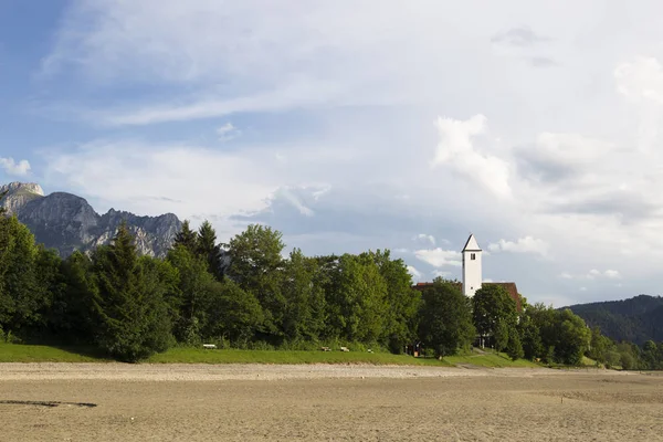 Vista Sul Fondo Del Forggensee Essiccato Sulle Alpi Alla Luce — Foto Stock