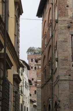 Dar yan sokakta Lucca'daki İtalyan şehir, Toskana bölgesindeki eski evin cephe ve kule Guinigi