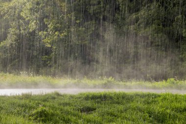 Heavy rain falls on a road from which haze rises clipart