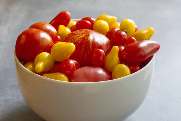 Mangkuk Penuh Dengan Tomat Taman Berwarna Warni — Stok Foto