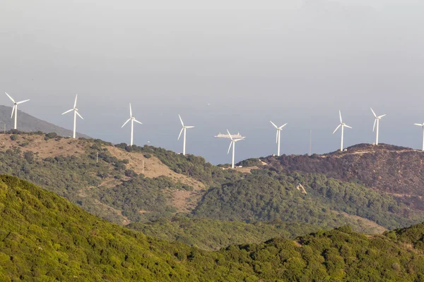西班牙安达卢西亚树木繁茂的山峰上的风力涡轮机 — 图库照片