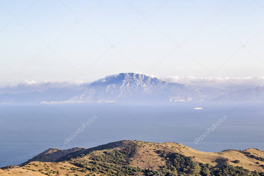 View on Strait of Gibraltar mountain and clouds, Spain 