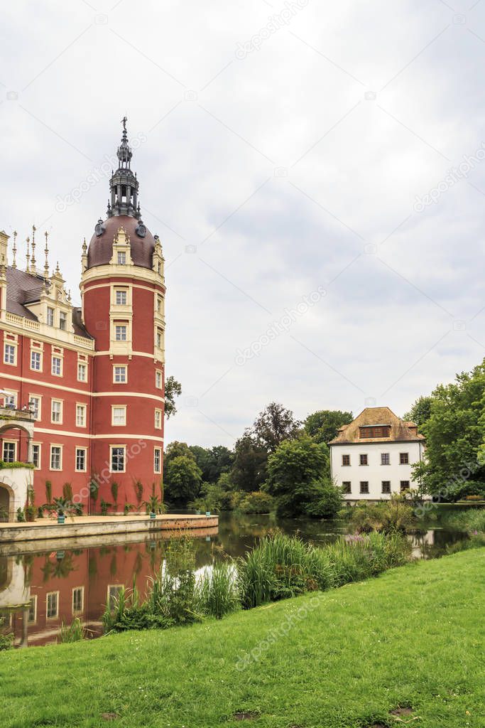 View of tower of New Castle in Bad Muskau, Germany 
