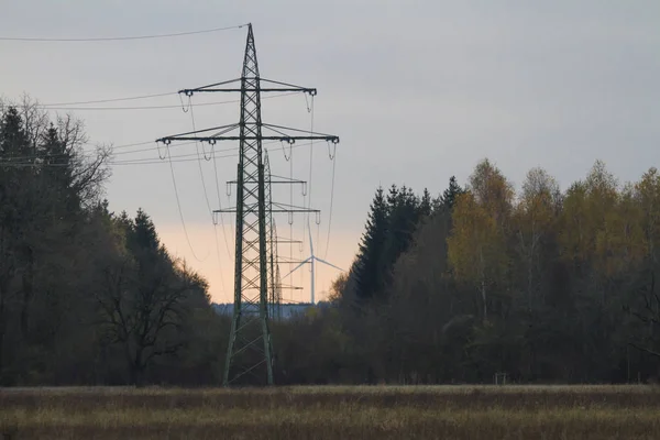 Vista Delle Linee Elettriche Ambiente Rurale Tramonto — Foto Stock