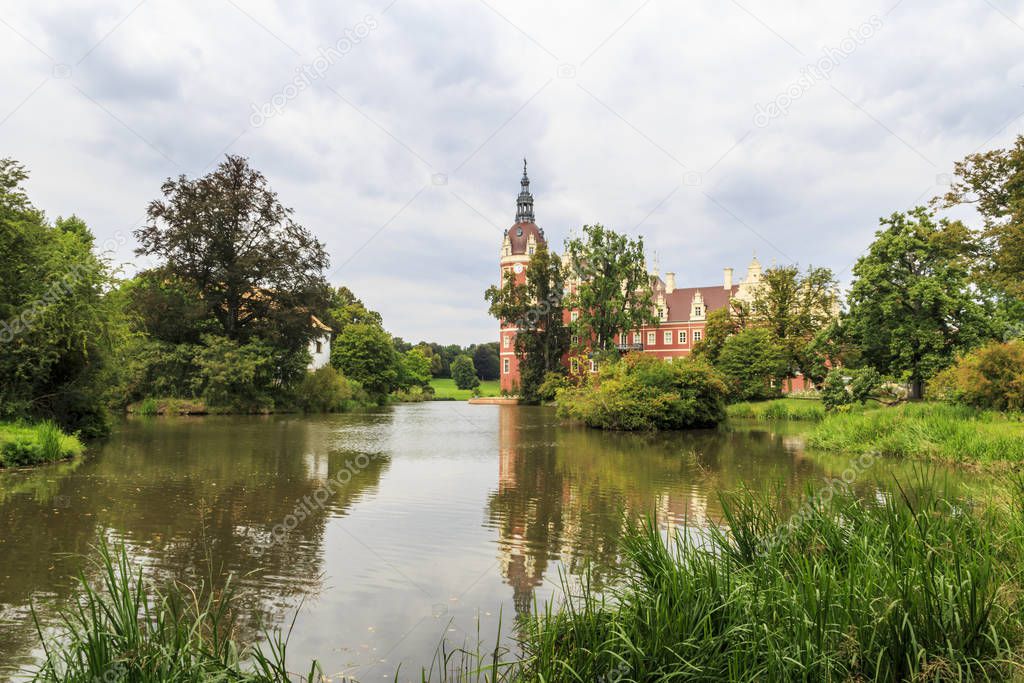 View of towers of New Castle in Bad Muskau, Germany 