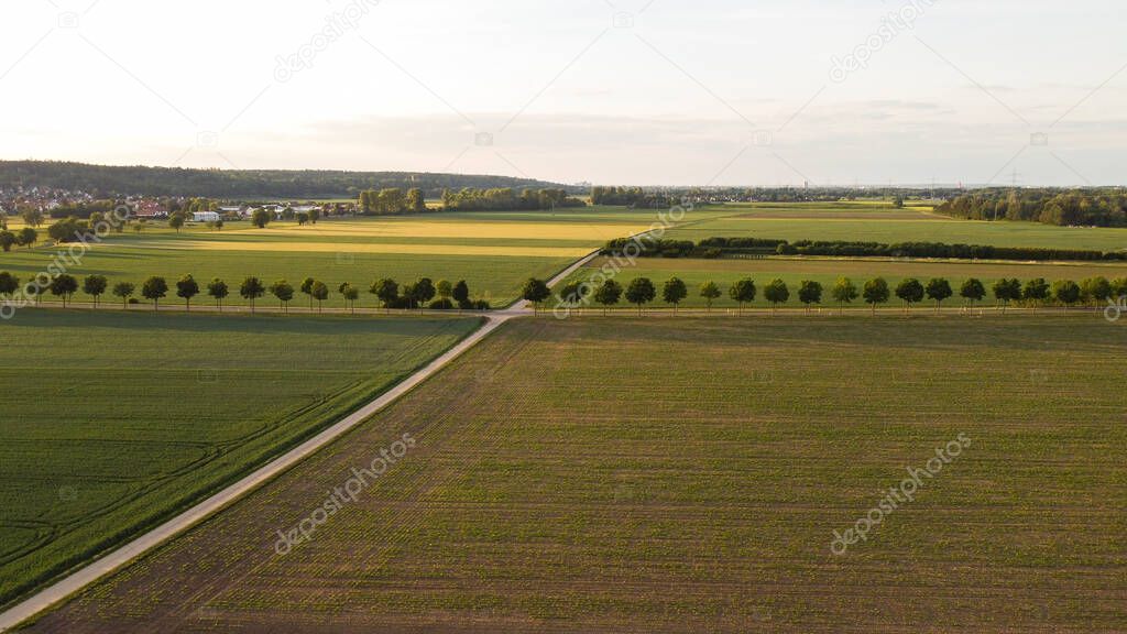 View from above over agricultural fields and a field path near Bergheim