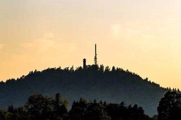 Matahari Terbenam Menara Observasi Hohe Mhr Hutan Hitam — Stok Foto