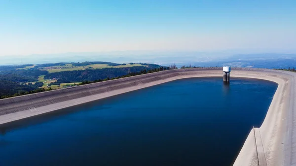 Aerial view of the water retention basin near Hornberg in the Black Forest