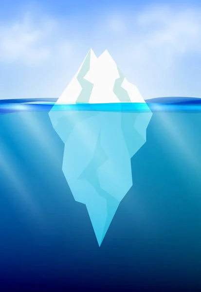 Iceberg en el océano profundo. Fondo de invierno con haz de sol bajo el agua y cielo de nubes realista. Ilustración vectorial . — Archivo Imágenes Vectoriales