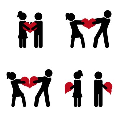 Boşanma sevgiden. Bir kaç kırık kalp ile. İlişki kavramı. Vector silhouettes.