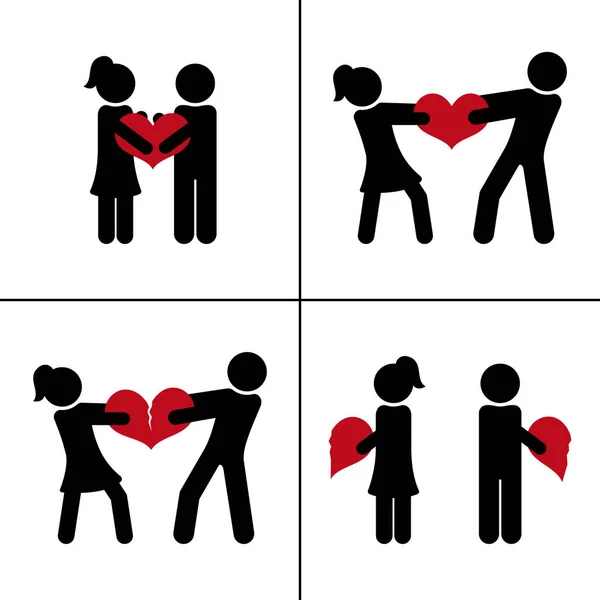 De l'amour au divorce. Couple au cœur brisé. Concept de relation. Silhouettes vectorielles . — Image vectorielle