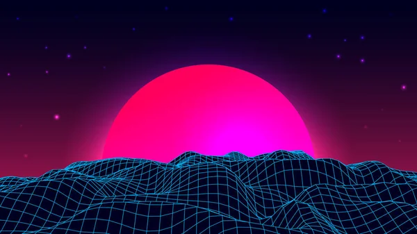 Wireframe paisaje de fondo. Estilo de onda retro de 1980. Ilustración vectorial futurista de ciencia ficción de amanecer o atardecer . — Archivo Imágenes Vectoriales