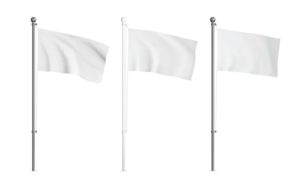 Beyaz ve metalik wawing bayrağı mockup ayarlanmış. Gerçekçi vektör şablonu. — Stok Vektör