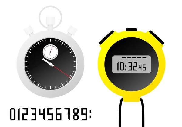 Спортивные механические и электронные секундомеры и таймеры. Цифровой набор чисел. Изолированная векторная иллюстрация . — стоковый вектор