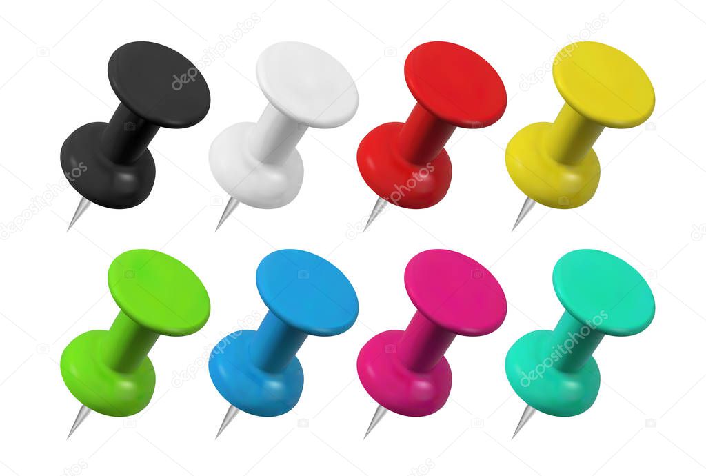 Realistic colorful push pins collection. Isolated vector illustration.