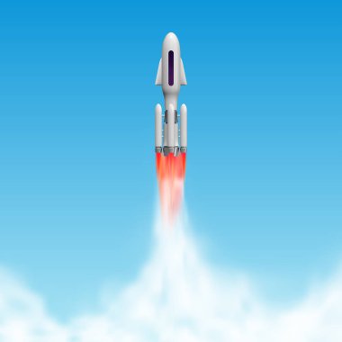 Roket Fırlatma, uzay gemisi başlangıç buhar bulutlar ile. Servisi vektör çizim.