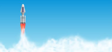 Roket Fırlatma, uzay gemisi başlangıç buhar bulutlar ile. Servisi vektör çizim kopya alanı ile.