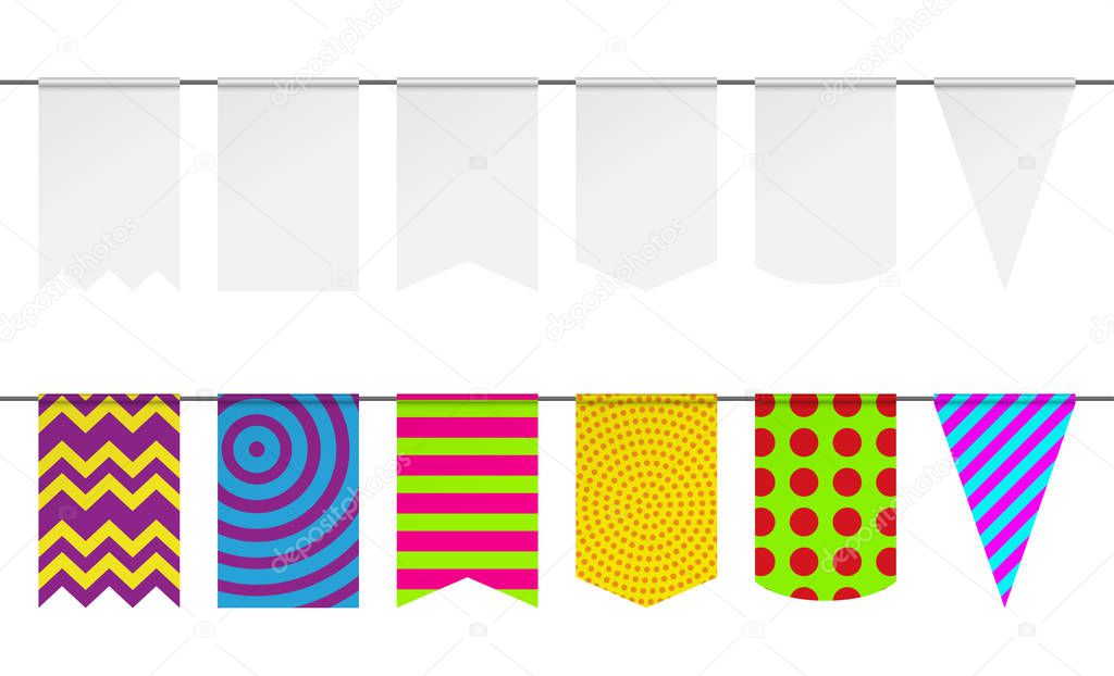 Pennant mockup for holiday flag garland. Vector bunting flags.