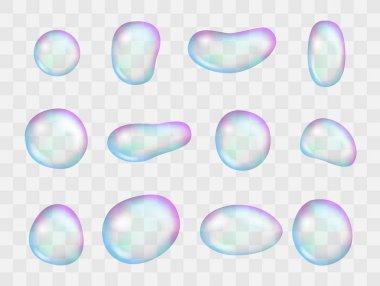 Gerçekçi sabun köpüğü gökkuşağı yansıma ve parlak nokta ile ayarla. Vektör çizim.