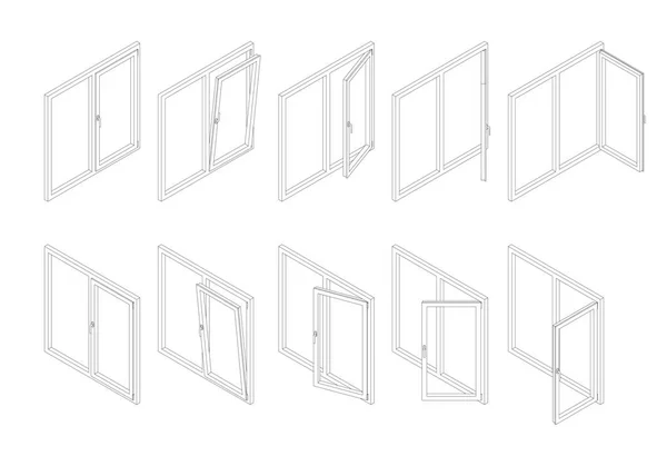 İzometrik modern beyaz plastik pencere saydam cam ile ayarla anahat. Açık ve kapalı pencere vektör çizim.