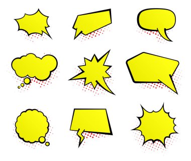 Pop sanat sarı konuşma seti kabarcık. Vektör çizgi roman tasarım öğeleri.