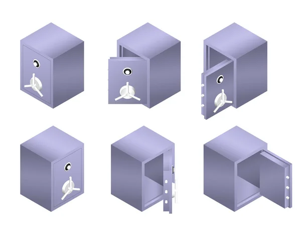 不同的金属保险箱与打开和关闭的门 装甲箱矢量插图 — 图库矢量图片