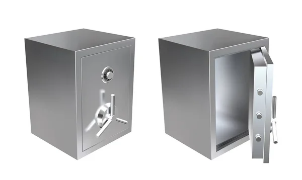 3D реалистичный металлический сейф с открытой и закрытой дверью. Векторная иллюстрация . — стоковый вектор