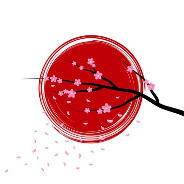 Çiçek açması sakura düşen yaprakları ve güneşin arka planda dalı. Vektör çizim.