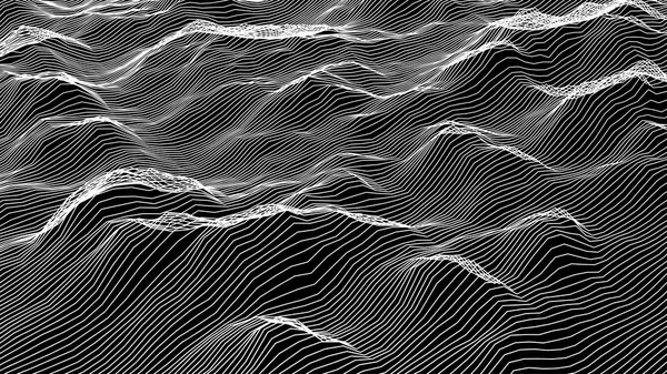 Futuristico wireframe paesaggio sfondo. Illustrazione digitale vettoriale da linee bianche d'onda. astrazione geometrica . — Vettoriale Stock