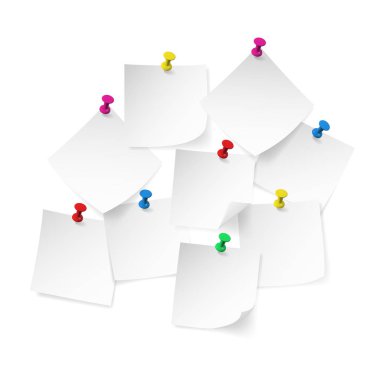 Not kağıdı ile gerçekçi renkli PIN itmek. Beyaz etiketler vektör çizim.