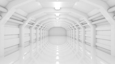 Endüstriyel Bina beyaz uzun koridor. Lambalar ve yerdeki yansıma ile tünel. 3D render.