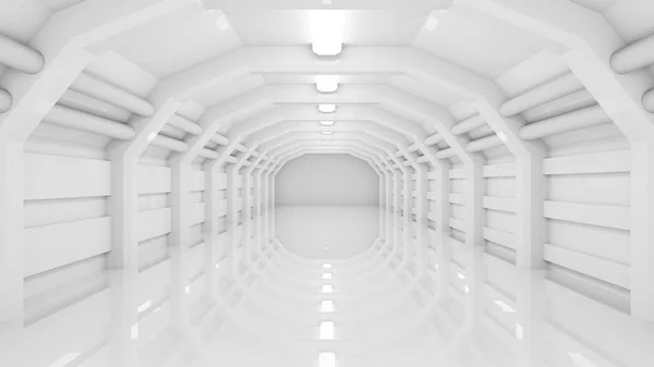 Branco longo corredor de construção industrial. Túnel com lâmpadas e reflexão no chão. Renderização 3d . — Fotografia de Stock