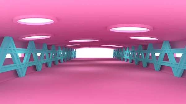 Corredor de glamour longo rosa com estruturas azuis. Túnel com buracos no tecto. Renderização 3d . — Fotografia de Stock