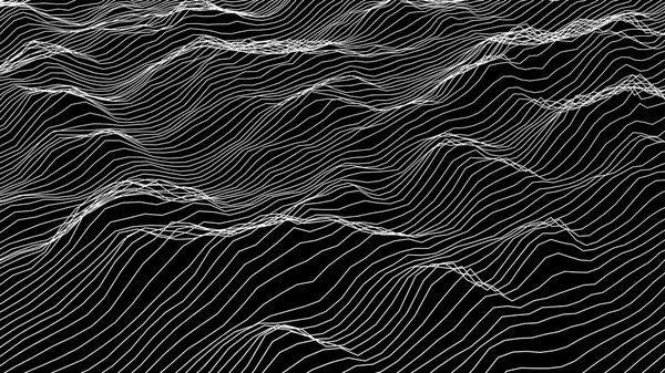 Futuristische Wireframe Landschaft Hintergrund. Vektor-digitale Illustration aus wellenförmigen weißen Linien. geometrische Abstraktion. — Stockvektor