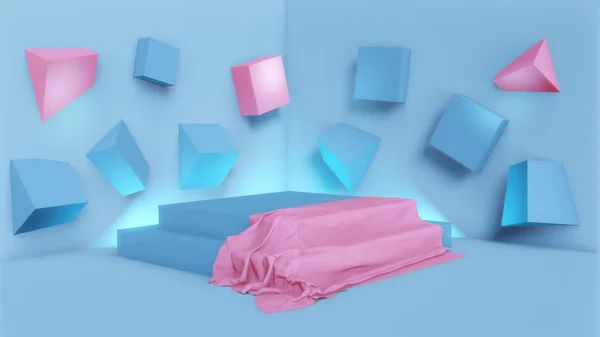 Podio blu con panno rosa. Colori pastello sfondo geometrico astratto con cubi sulla parete. rendering 3d . — Foto Stock