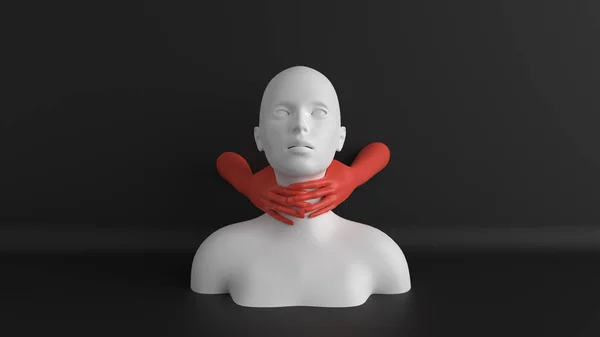 Tête de mannequin femelle blanche avec les mains rouges sur la gorge. Concept de douleur au cou ou à la gorge. Illustration de violence. Minimaliste abstrait rendu 3D . — Photo