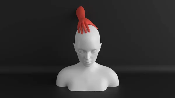 Busto manichino femminile bianco con mano rossa sulla testa. Concetto mal di testa. Rendering 3d astratto minimalista . — Foto Stock