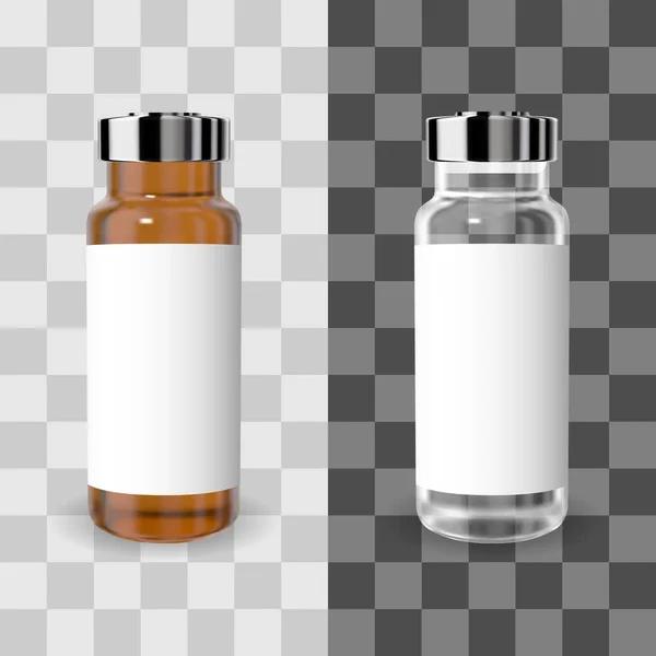 Vial realista transparente de medicina marrón y blanca con etiqueta. Maqueta vectorial . — Vector de stock