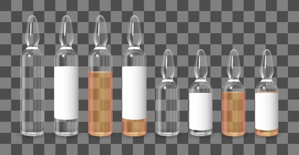 Realistic transparent brown and white medicine ampoule with label. Vector ampule mockup set. — Stock Vector