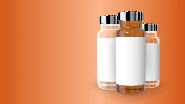 Ad banner with copy space. Realistic transparent brown medicine vial with white label. Vector ampule mockup.