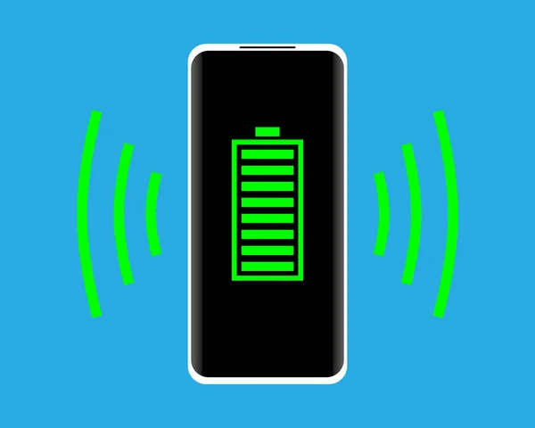 Draadloos oplaadconcept. Smartphone met volledige batterij-indicator op het scherm. Vectorillustratie. — Stockvector